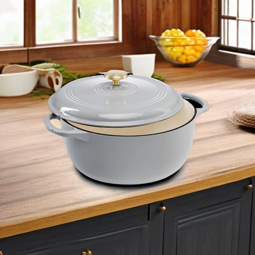 Best Choice Products 6 Quart Enamel Cast-Iron Round Dutch Oven, Family Style Heavy-Duty Pre-Seasoned Cookware for Home, Kitchen, Dining Room, Oven Safe w/Lid, Dual Handles - French Gray