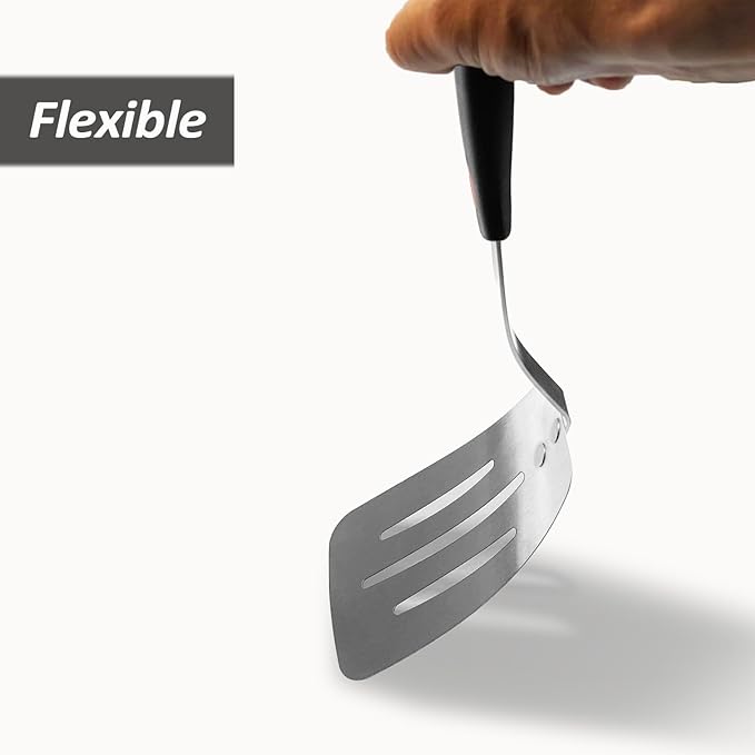 Stainless Steel Spatula, Flexible Metal Slotted Turner for Cast Iron Skillet, Thin Blade and Heat Resistant Silicone Handle, Great for Egg, Cookie, Meat, Crep, Large