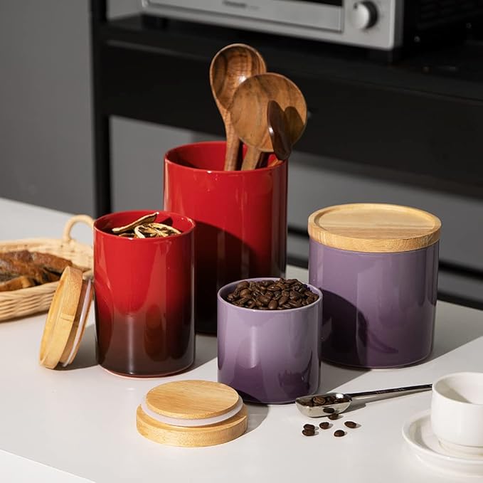 Sweejar Ceramic Food Storage Jar, Stackable Kitchen Canisters, Containers with Airtight Seal Wooden Lid for Serving Coffee Grounds, Coffee Bean, Flour, Tea, Spice and More - 39 Fl Oz (Gradient Purple)