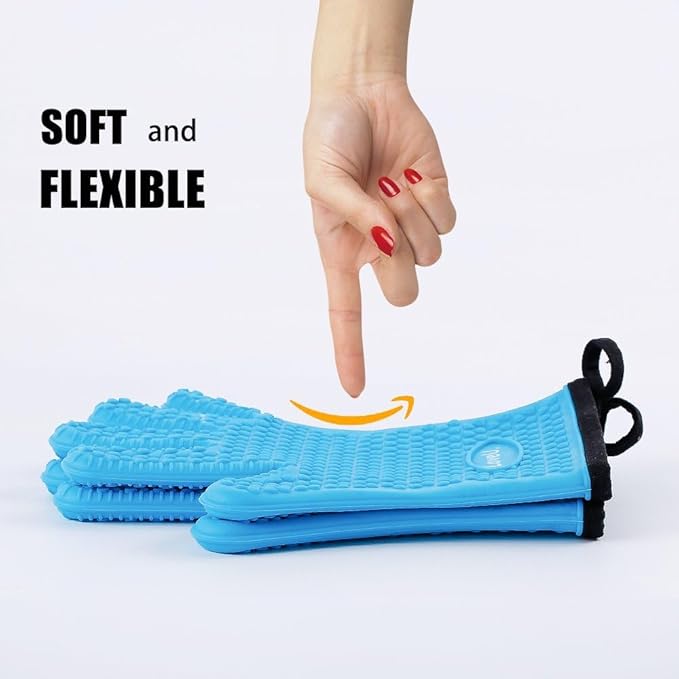 Kitchen Oven Gloves - Dual-Layer Heat Resistant Grilling Gloves, Silicone Oven Mitts with 5 Fingers, Waterproof Non-Slip Pot Holder for Barbecue, Cooking, Baking (Small, Blue)
