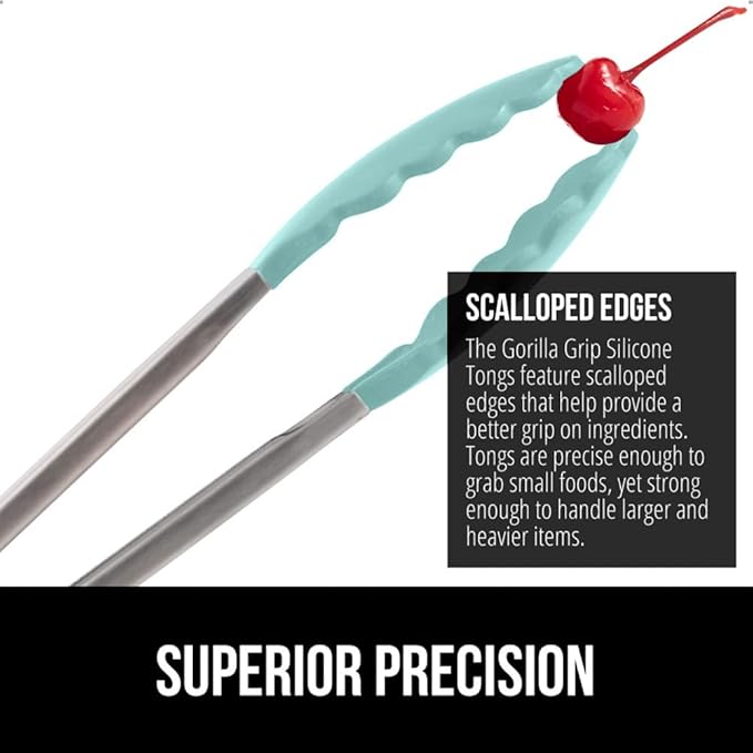 GORILLA GRIP Stainless Steel Heat Resistant Kitchen Tongs for Cooking, Set of 2 BBQ Tong, Non Scratch Silicone Tip for Pans, Strong Grip, Grab Food, Toss Salad, Air Fryer, Pull Lock, 7 + 9 Inch, Mint