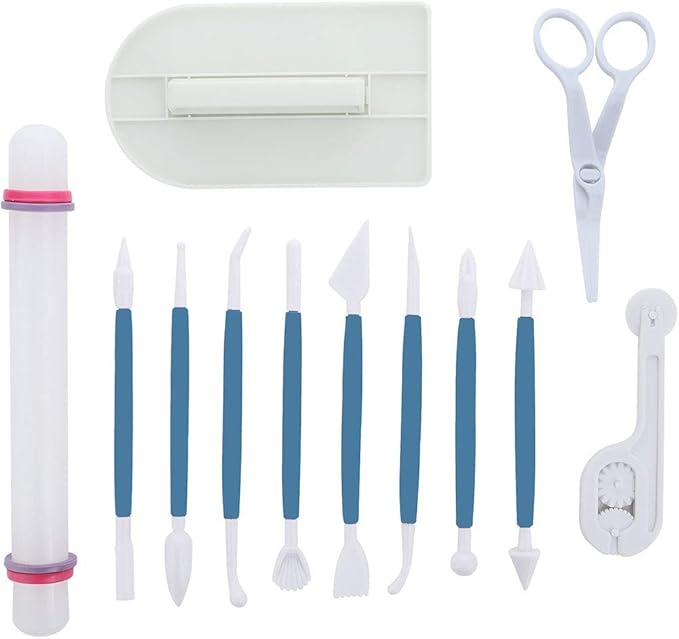 Marshmallow Fondant Cake Decorating Hand Tool 12 Pcs 5 Sets Sugarcraft Gumpaste Icing Smoother Rolling Pin Trimmer Cutter Embosser Flower Scissor Modelling Accessories Supplies Kit Blue