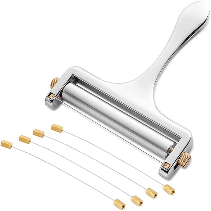 NANEEZOO Cheese Slicer, Adjustable Thickness Heavy Duty Stainless Steel Cheese Slicers With Wire for Soft & Semi-Hard Cheeses - 4 Replacement Stainless Steel Cutting Wire Included (Silver)