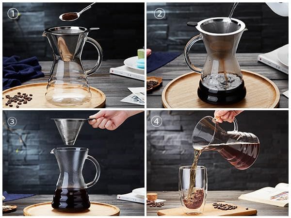 Unbreakable - Pour Over Coffee Maker with Permanent Stainless Filter 27 fl oz, Thickened Heat-Resistant Borosilicate Glass Dripper Coffee Brewer, Stovetop Safe, Ink