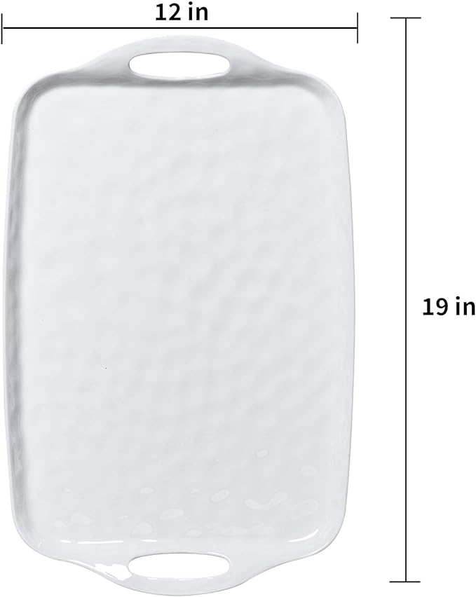 TP Serving Tray with Handles, Large Rectangle Melamine Serving Platter Set of 2, Pure White (19” x 12”)