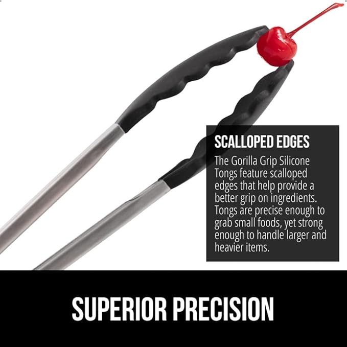 GORILLA GRIP Stainless Steel Heat Resistant Kitchen Tongs for Cooking, Set of 2 BBQ Tong, Non Scratch Silicone Tip for Pans, Strong Grip, Grab Food, Toss Salad, Air Fryer, Pull Lock, 7 + 9 Inch, Black
