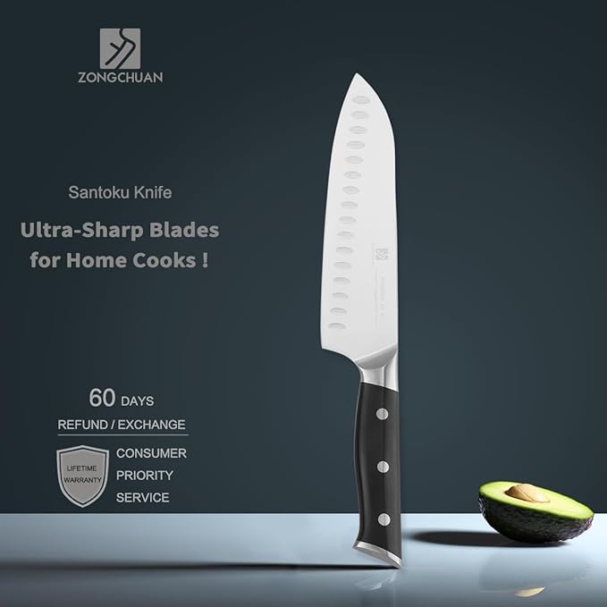 7 Inch Santoku Knife Sharp Knife Home Cooking Chef Gifts for Women Men: Sharp Kitchen Knife Ultra-Smooth Cutting Experience,All-Around Performance 50Cr15Mov Stainless Steel,Ergonomic Black Handle