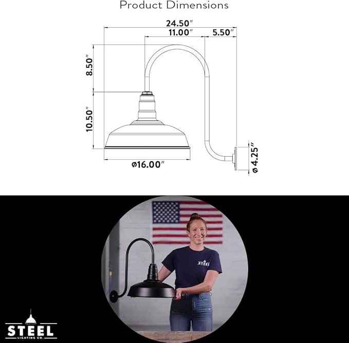 Steel Lighting Co. Gardena Barn Light | Outdoor Wall Mounted | 16" Dome | 11" Gooseneck | Farmhouse Light Made in America | Navy Blue Exterior/Brass Interior