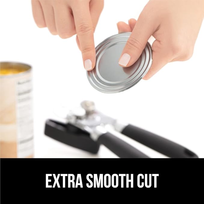 GORILLA GRIP Heavy Duty Stainless Steel Smooth Edge Manual Can Opener and Bottle Openers, Soft Comfortable Handle, Oversized Handheld Turn Knob, US Designed Multifunctional Kitchen Tool, Black
