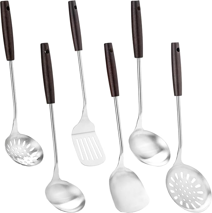 FJNATINH Cooking Utensils Set with Wood Handle, 6 PCS Wok Utensils Tools - Wok Accessories Cookware Set