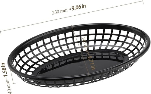40 Pack 8.9x5.7x1.6 Inch Black Plastic Fast Food Baskets, Restaurant Serving Baskets, Oval Fast Food Serving Tray for Picnic, Deli Serving, Chicken, Burgers and Fries
