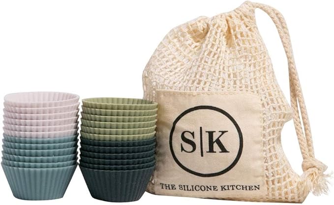 The Silicone Kitchen Reusable Mini Silicone Baking Cup, Non-Toxic, BPA Free, Dishwasher Safe, Mini, 24 Pack, White Blue Green