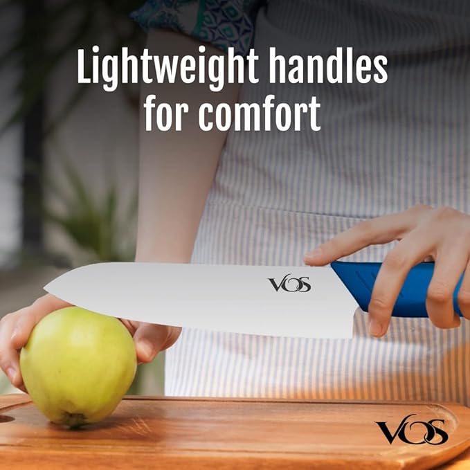 Vos Ceramic Knife Set in Elegant Gift Box, Ceramic Knives Set For Kitchen, Ultra Sharp Kitchen Knife Set with Covers, 4" 5" 6" Paring, Santoku & Chef Knife, Lightweight, Dishwasher safe (Blue Handle)