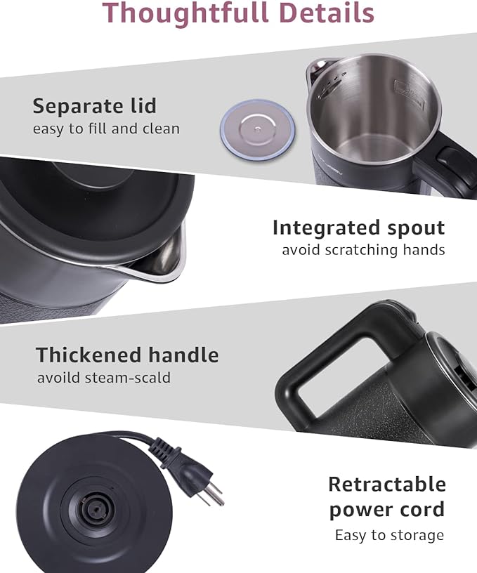 0.6L Small Electric Tea Kettle Lightweight, 20 Ounce Double Wall Hot Water Boiler Stainless Steel Auto Shut-off, 120V Portable Travel Electric Kettle Fast Boil for Tea and Coffee, Black