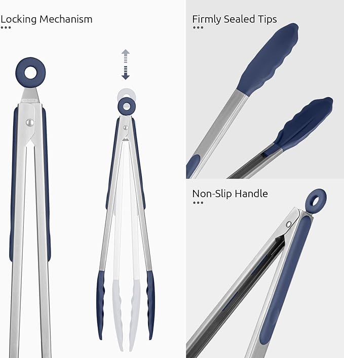 600ºF Heat Resistant Kitchen Tongs: U-Taste 7/9/12 inch Silicone Cooking Tong Set with Non Stick Rubber Tips and Silicon Coated 18/8 Stainless Steel Handle for Serving Grilling Salad(Midnight Blue)