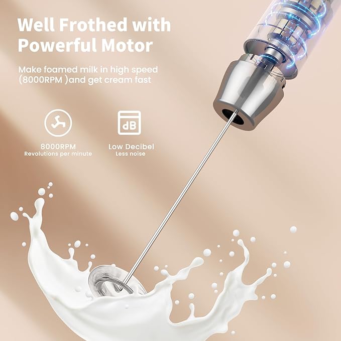 Maestri House Rechargeable Milk Frother with Stand, LunaFro Handheld Electric Foam Maker Waterproof Detachable Stainless Steel Whisk Drink Mixer Foamer for Lattes, Cappuccino
