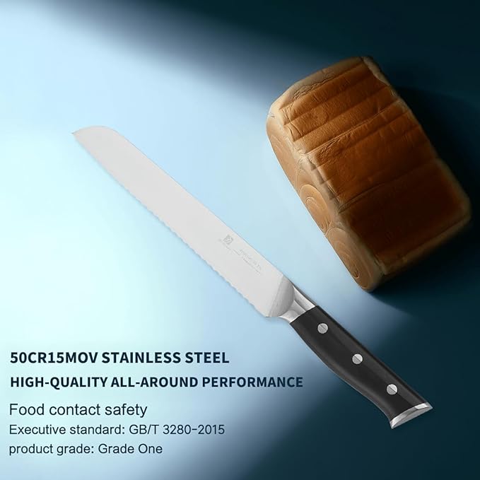 8 Inch Bread Knife Home Cooking Chef Gifts for Women Men: A Wide Wavy Edge Serrated Knife with an Upgraded Stainless Steel Razor Sharp Black Handle - for Delicious Homemade Bread, Bagels, and Cake.