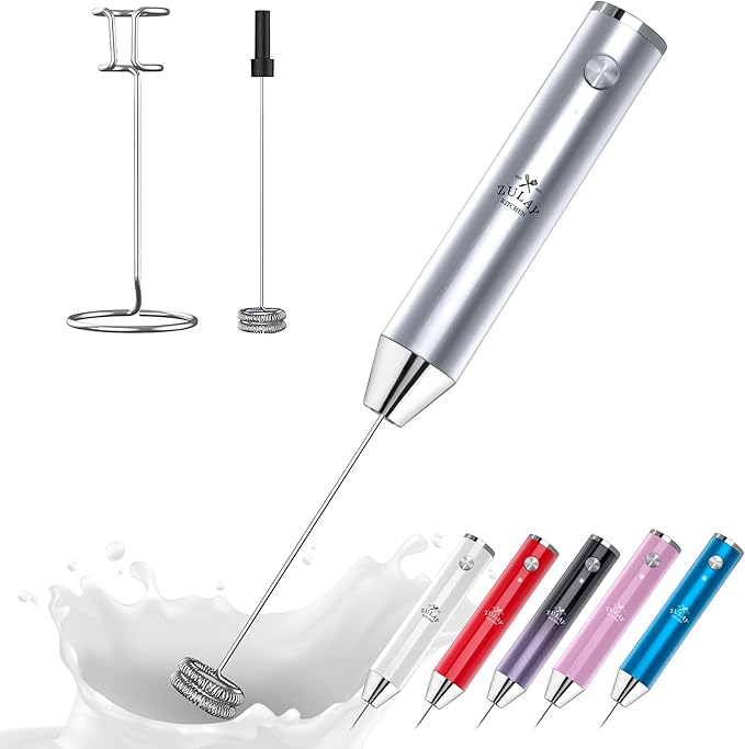 Zulay Kitchen Lux Rechargeable Milk Frother Handheld - Powerful 2-Speed Motor, Fully Waterproof, 2000mAh Battery - Drink Mixer For Latte, Cappuccino, Matcha, Protein Powder - Silver