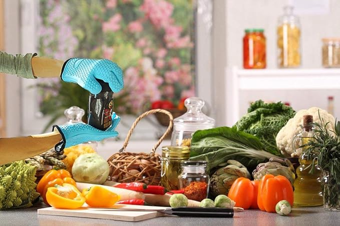 Kitchen Oven Gloves - Dual-Layer Heat Resistant Grilling Gloves, Silicone Oven Mitts with 5 Fingers, Waterproof Non-Slip Pot Holder for Barbecue, Cooking, Baking (Small, Blue)