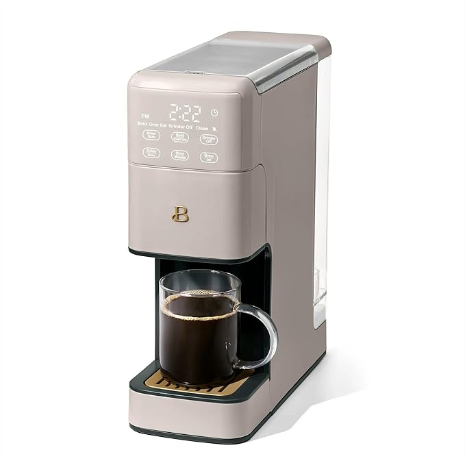 Beautiful Perfect Grind Programmable Single Serve Coffee Maker with Touch Display and Integrated Burr Grinder, Auto Coffee Strength Selection, 64oz Water Reservoir (Porcini Taupe)