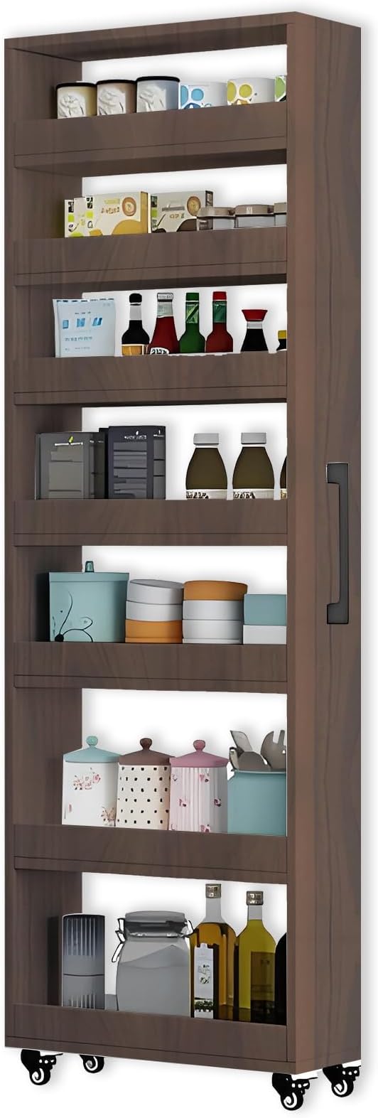 7-Tier Slim Storage Cart, Wooden Rolling Pantry Cabinet with Wheels, Narrow Shelf Organizer for Kitchen, Bakers Rack, Dining Room, Closet, Small Spaces Teak 47.2" H*7.8" W*23.6" D