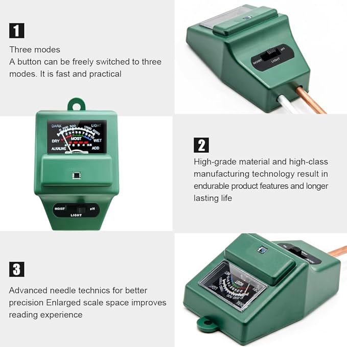 SONKIR Soil pH Meter, MS02 3-in-1 Soil Moisture/Light/pH Tester Gardening Tool Kits for Plant Care, Great for Garden, Lawn, Farm, Indoor & Outdoor Use (Green)