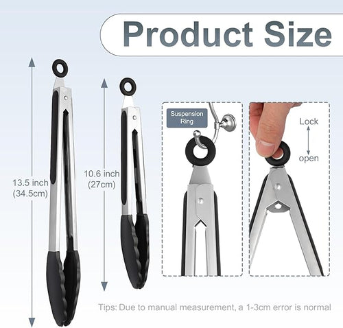 2 Pack Black Premium Stainless Steel Heat Resistant Kitchen Tongs for cooking,set of 9" and 12",Non Scratch Silicone cooking Tong Tip for Cooking Pans,Strong Grip BBQ tongs for Grabbing Hot Food