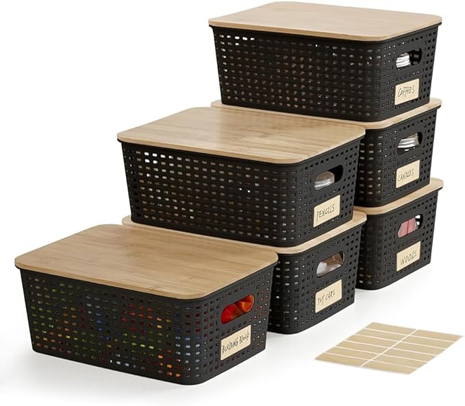 Small Plastic Storage Bins with Bamboo Lids 5.2qt Stackable Box Basket Pantry Decorative Containers Cute with Lable for Organizing Desktop Closet Office Black of 6 packs 10 * 7.2 * 4.1'’