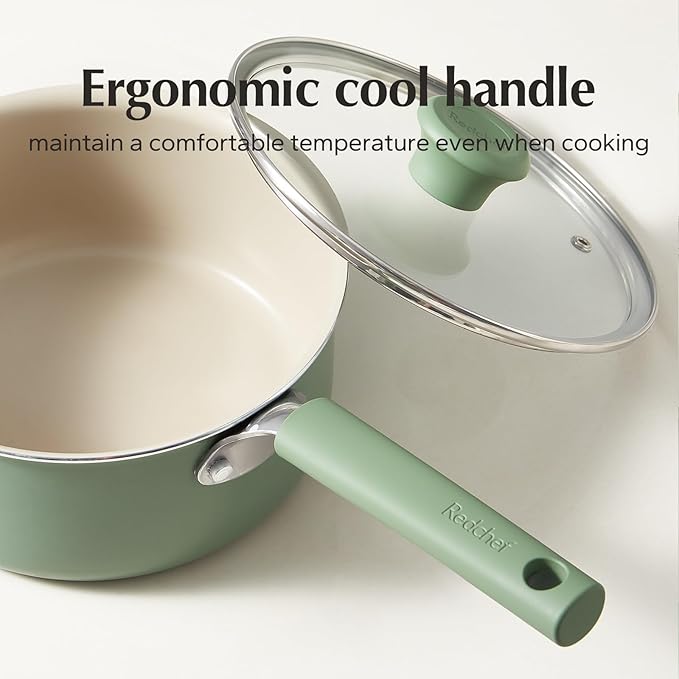 Redchef Ceramic Nonstick Saucepan with Lid, 2.5QT Small Cooking Pot, Non Toxic Sauce Pans for Kitchen, Cool Handle PFAS Free Compatible with All Cooktops, Green