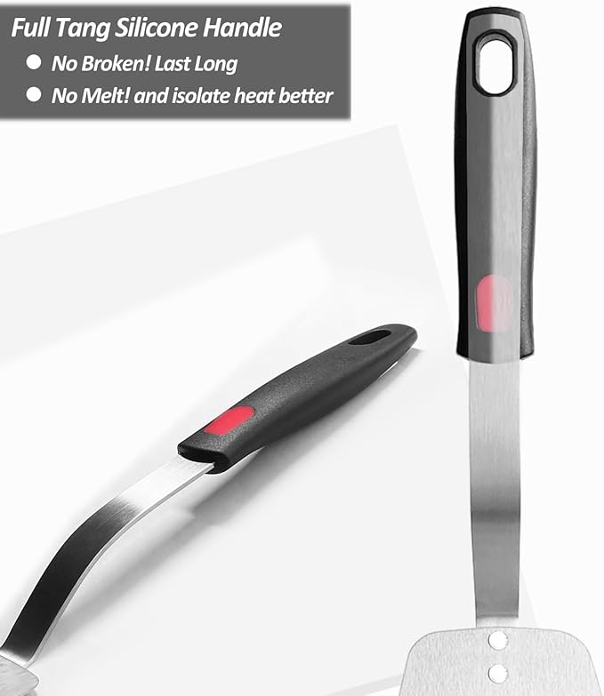 Stainless Steel Spatula, Flexible Metal Slotted Turner for Cast Iron Skillet, Thin Blade and Heat Resistant Silicone Handle, Great for Egg, Cookie, Meat, Crep, Large