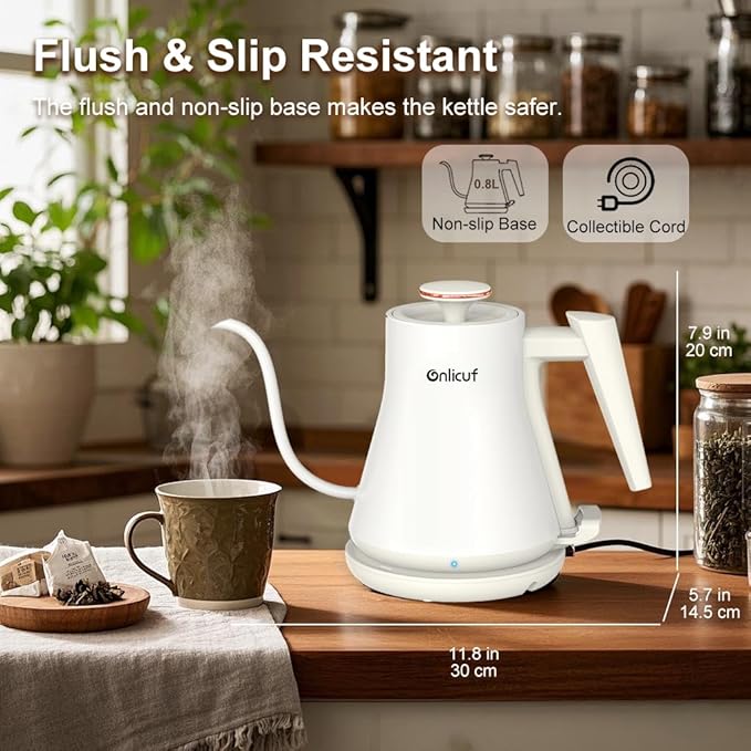 Electric Kettle, Gooseneck Electric Water Kettle for Pour Over Coffee & Tea, 0.8L Quick Heating Small Hot Water Kettle Electric, Stainless Steel, Auto-Off & Boil Dry Protection, Matte White