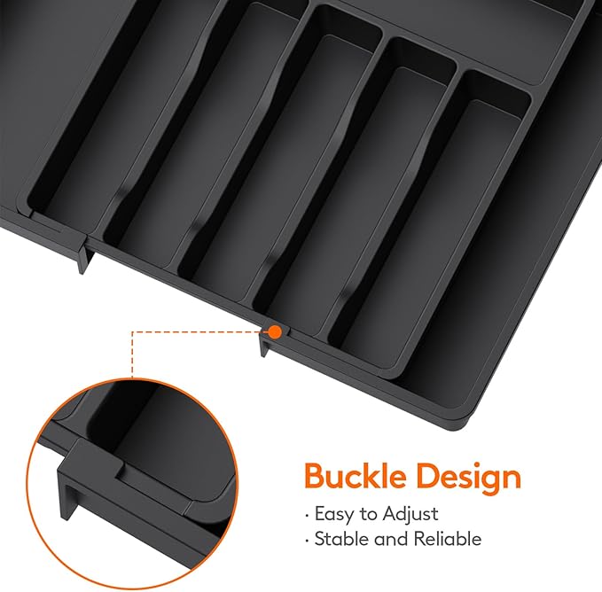 Lifewit Large Silverware Drawer Organizer, Expandable Utensil Tray for Kitchen, BPA Free Flatware and Cutlery Holder, Adjustable Plastic Storage for Spoons Forks Knives, Large, Black