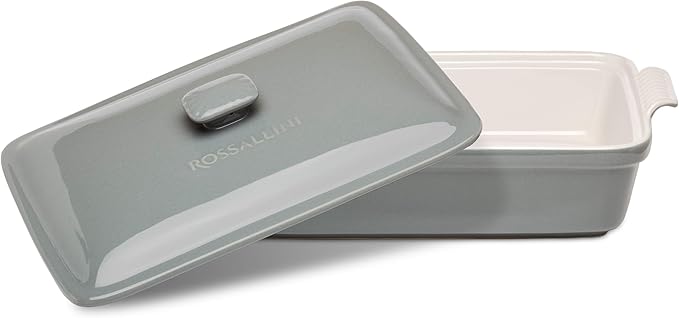Stoneware Casserole Dish Bakeware Set with Lid, Covered Rectangular Dinnerware, Extra Large 4.23 Quart, 13 by 9 Inch, Grigio [Grey]