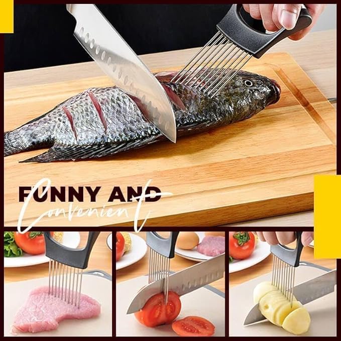 Onion Slice Holder, 2024 New Stainless Steel Holder for Slicing, Chopper Assistant Tool, Cutter for Meat, Onion, Potato, Tomato - Kitchen Gadgets (Black, 3 Pack)