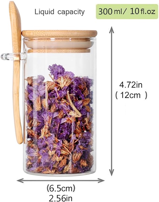 Glass Jar with Bamboo Lid and Spoon, 8Pack 10 OZ Tea Containers for Loose Leaf Tea, Salt and Sugar Containers for Countertop, Yogurt Jars for Overnight Oatmeal