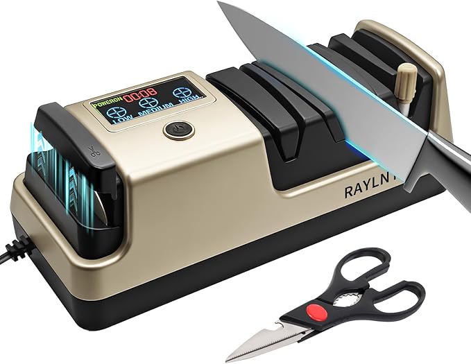 Professional 5-in-1 Electric Knife Sharpener with LCD Display,Scissor Sharpener with 3-Speed & 100% Diamond Abrasives - Precision Angle Guides for Straight, Serrated, Cleaver & Kitchen Scissors