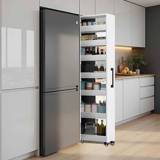 7-Tier Slim Storage Cart, Wooden Rolling Pantry Cabinet with Wheels, Narrow Shelf Organizer for Kitchen, Bakers Rack, Dining Room, Closet, Small Spaces Dark Walnut 73.2" H*7.8" W*23.6" D