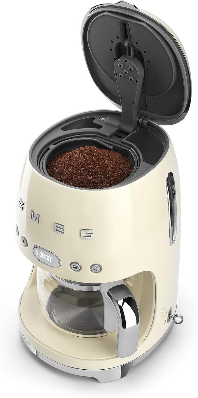 Smeg 50's Retro Style Aesthetic Drip Coffee Machine with 10 Cup Glass Carafe, Auto Start Feature, Keep Warm Plate, and Two Coffee Strength Settings (Cream)