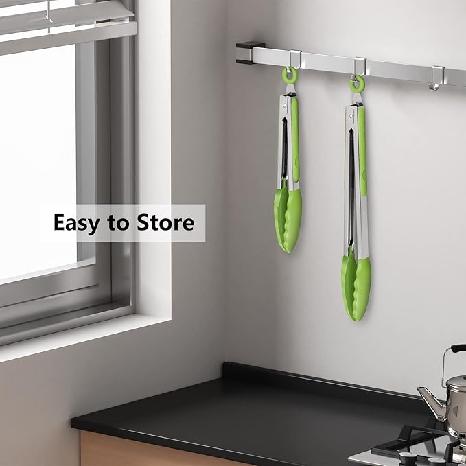 Premium Silicone Set of 2 Cooking Tongs, 9-Inch & 12-Inch BPA Free Non-Stick Stainless Steel BBQ Grilling Locking Food Tong, Light Green