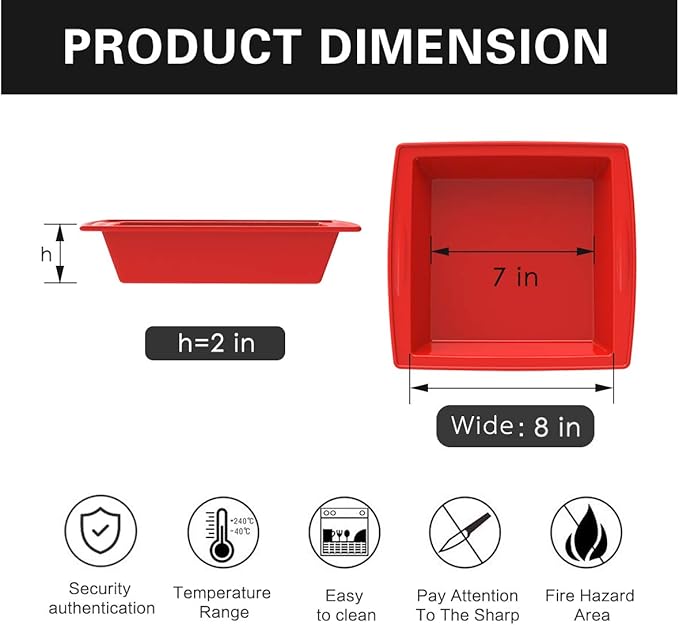 SILIVO 8 inch Square Cake Pans(2 Pack), 8x8 Baking Pan, Nonstick Silicone Cake Molds for Brownie, Cornbread and Cake
