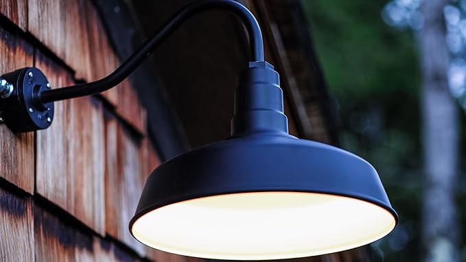 Steel Lighting Co. Gardena Barn Light | Outdoor Wall Mounted | 16" Dome | 23" Gooseneck | Farmhouse Light Made in America | Dark Bronze Exterior/White Interior