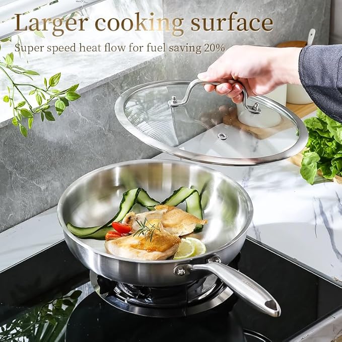 DELARLO Tri-ply Stainless Steel Frying Pan Set with Lid 8"10" Induction large Skillets Chef's Pan,Pots and Pans Set Kitchen Cookware Set Suitable for All Stove