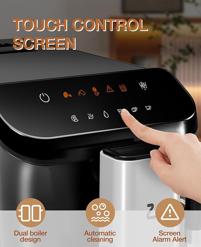 IDEALHOUSE Fully Automatic Espresso Machine with Grinder and Milk Frother, Touchscreen Coffee Maker, 20 Bar Pressure, 1.5L Water Tank, One-Touch Latte and Cappuccino