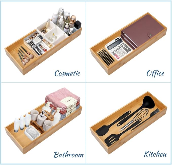 Bamboo Drawer Organizer - Kitchen Utensil Organizer Silverware Tray Cutlery Holder，Office Desk Supplies and Accessories (12x3x2.6 inch)