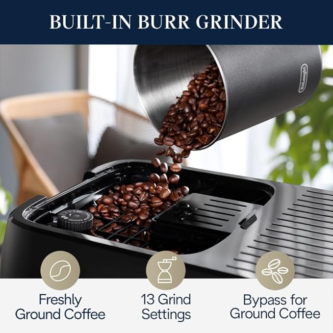 De'Longhi Magnifica Plus Fully Automatic Espresso Machine - Brew 18+ One Touch Coffee Recipes for up to 4 User Profiles, Automatic Milk Steam Wand & Built-in Grinder, Touchscreen Display