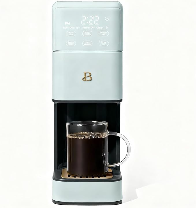 Beautiful Perfect Grind Programmable Single Serve Coffee Maker with Touch Display and Integrated Burr Grinder, Auto Coffee Strength Selection, 64oz Water Reservoir (Hydrangea)