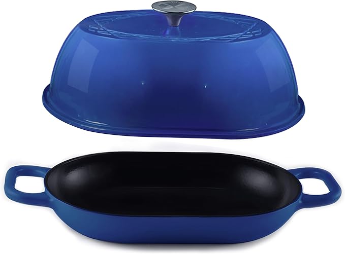 Enameled Cast Iron Dutch Oven for Professional Sourdough Bread Baking | 5.5 Quart Loaf Size Oval Cookware Pot with Lid | Triple-Layer Enamel Coating Pan with Non Stick Silicone Mat | Blue