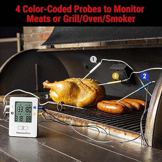 ThermoPro TP25 650FT Wireless Meat Thermometer with 4 Probes, Bluetooth Meat Thermometer for Cooking, BBQ Oven Food Smoker Thermometer Rechargeable
