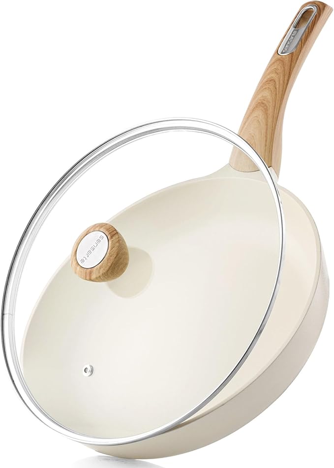 SENSARTE Ceramic Nonstick Frying Pan Skillet with Lid 11inch Non Stick Omelet Pan, Non-toxic Healthy Kitchen Cooking Chef's Pan, Free of Intentionally Added PFOA/PFAS/PTFE, Induction Compatible, White