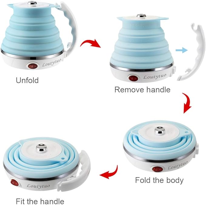 Ultrathin Upgraded Food Grade Silicone Travel Foldable Electric Kettle Boil Dry Protection Portable with Dual Voltage and Separable Power Cord,555ML 110-220V US Plug